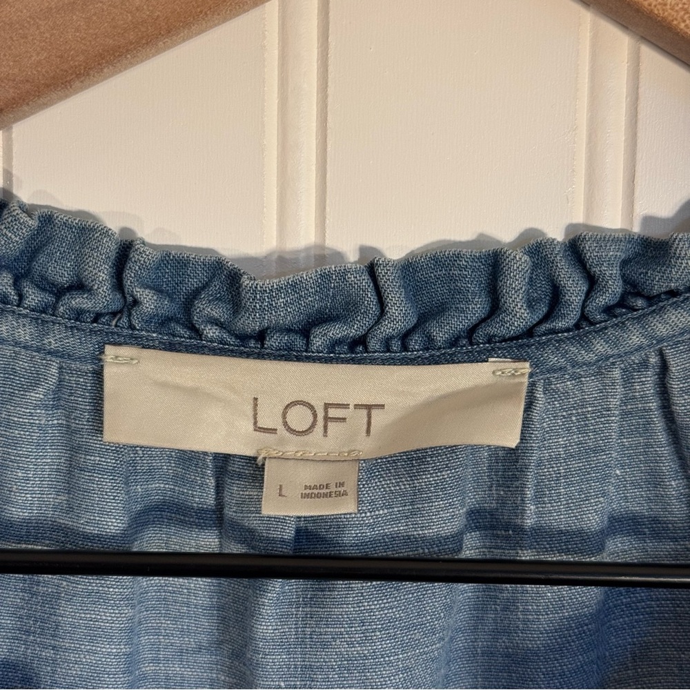 LOFT Linen Blend Blue Denim Tiered Short Sleeve Dress Size Large - Picture 5 of 9
